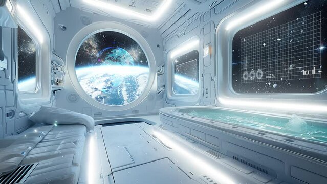 celestial escape luxuriate in a state of the art spaceship. seamless looping overlay 4k virtual video animation background