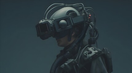 Futuristic Skull Figure Wearing Immersive Virtual Reality Headset in Sci-Fi Robotic Environment Evoking The Matrix Concept