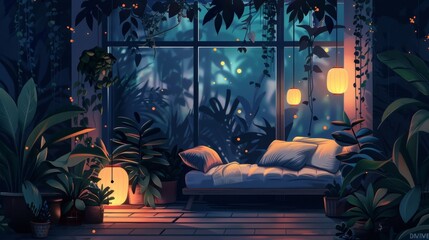 A cozy reading nook surrounded by potted plants and illuminated by solarpowered lanterns providing a peaceful oasis for relaxation . .