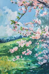 Painting showing blooming flowers at spring in the garden, the rough canvas texture resembles the strokes of a palette knife.
