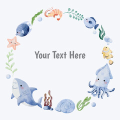 Wreath, background with sea animals vector cartoon watercolor