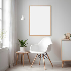 Maqueta de marco en blanco colgado en la pared. Maqueta de marco minimalista en interior decorado con silla, mesa y plantas. Maqueta de marco para exhibir ilustraciones, pinturas, arte, posters
