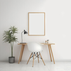 Maqueta de marco en blanco colgado en la pared. Maqueta de marco minimalista en interior decorado con silla, mesa y plantas. Maqueta de marco para exhibir ilustraciones, pinturas, arte, posters