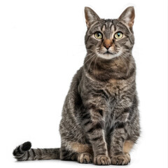 Grey stripped mixed-breed cat sitting on transparency background PNG
