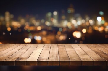 Empty wooden table top with blurred background of bar or cafe at night for product display montage, banner design.