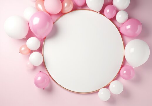 pink and white balloons with foil around the circle frame on pink background.
