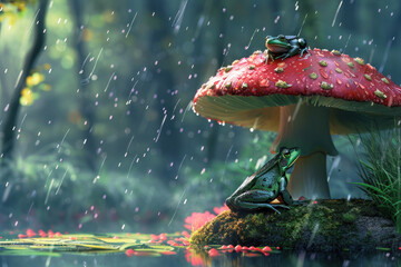 Frog sheltering under a mushroom in the rain - obrazy, fototapety, plakaty