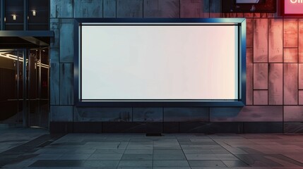 Blank mockup of a sleek and modern billboard sign positioned outside of a movie theater enticing viewers with upcoming releases.