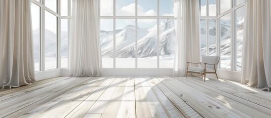 Obraz premium White Nordic interior with wooden flooring and large window view. Background design.