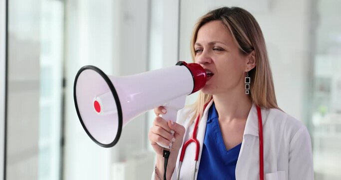 Woman therapist makes announcements using loud-speaker