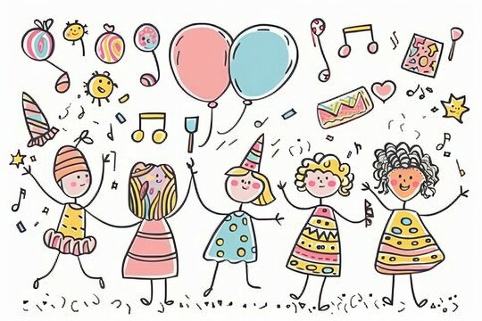Cartoon cute doodles of a candy party with balloons made of bubblegum, confetti made of sprinkles, and guests dancing to music played by a band of chocolate bars, Generative AI