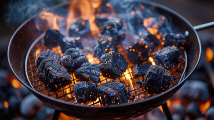 Barbecue Grill Pit With Glowing And Flaming Hot Charcoal Briquettes. generative ai 