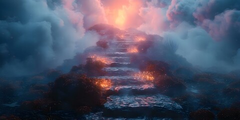 Ascending the stone steps towards a heavenly light in the cloudy sky. Concept Mystical Journey, Stone Steps, Heavenly Light, Cloudy Sky, Spiritual Exploration - obrazy, fototapety, plakaty