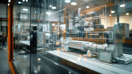 Futuristic and minimalist 3D interface representing virtual machines The display showcases a clean,sleek design with various digital elements such as monitors,panels,and data