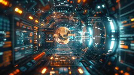 Immersive 3D interface that showcases the intricate workings of virtual machines and advanced digital technology The scene features a complex,futuristic