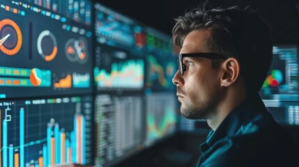 Fototapeta premium Professional market or financial data analyst intently examines a complex dashboard of visualizations,charts,and metrics on multiple computer screens This image represents the data-driven