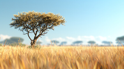 The savannah with its exceptionally short golden grass still expresses the vastness of the savannah. Above, the sky should be a clear, calm blue. Generative AI illustration 