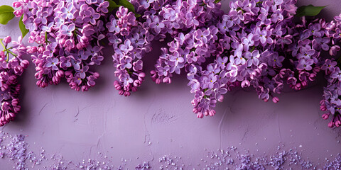 Beautiful lilac flowers on a purple background with copy space.  generative ai 