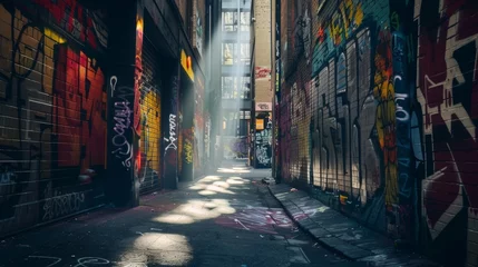Fotobehang Smal steegje Narrow winding streets lined with graffiticovered walls and intricately designed alleys form an urban labyrinth. Despite the shadows beams of sunlight break through illuminating
