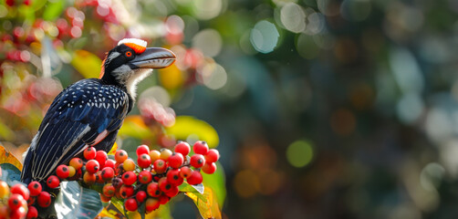 Exotic hornbill bird perched on a fruiting branch in the forest