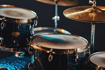 Drum set on black background. Musical drum kit in studio. AI Generated  - obrazy, fototapety, plakaty