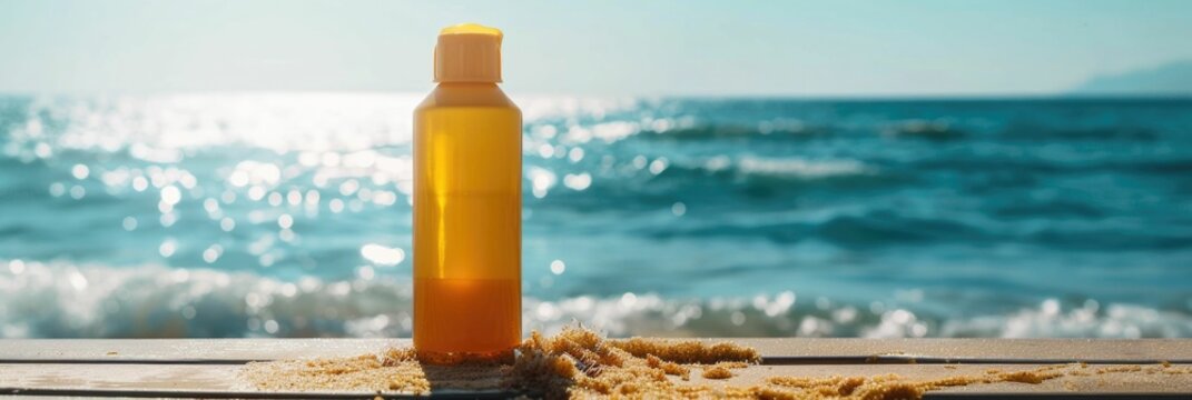 Sunscreen bottle floats in the calm ocean waves,symbolizing the importance of skin protection during outdoor activities and coastal adventures The transparent bottle reflects the stunning seascape