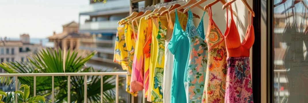 Colorful swimwear hanging to dry on a sun-drenched balcony The vibrant fabrics and textures stand out against the backdrop of a lush,tropical
