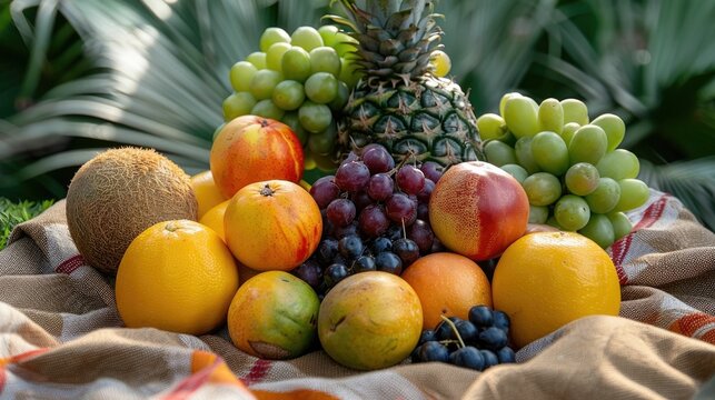 Appetizing display of various tropical fruits arranged on a picnic blanket The image showcases an assortment of fresh,juicy,and colorful produce