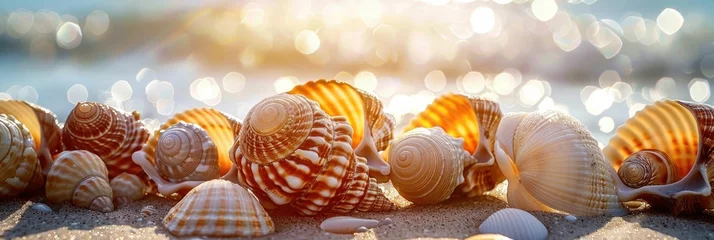 Tuinposter Collection of seashells gathered on a sun-drenched beach The natural treasures are artfully arranged,showcasing their intricate textures,patterns,and iridescent © Intelligent Horizons