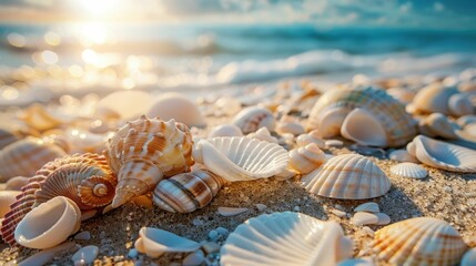 Fototapeta na wymiar Collection of seashells gathered on a sun-drenched beach The natural treasures are artfully arranged,showcasing their intricate textures,patterns,and iridescent