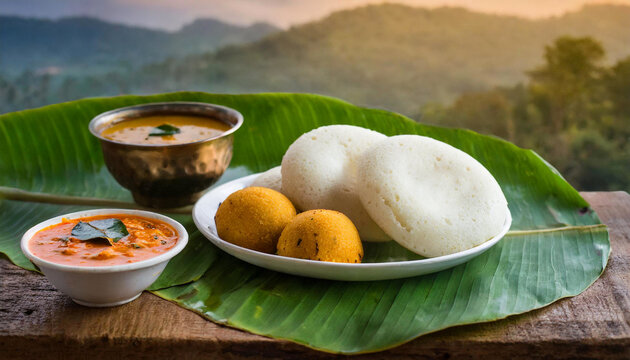 Idli and bonda served with sambar on banana leaf.