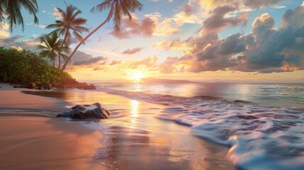 Fototapeta na wymiar Tropical beach at sunrise. Palm trees and sea waves. Paradise island. AI Generated 