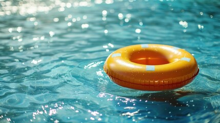 Orange inflatable swim ring floats gracefully on the shimmering surface of a serene body of water,casting a vibrant reflection This image evokes a sense of carefree summer fun,relaxation - obrazy, fototapety, plakaty