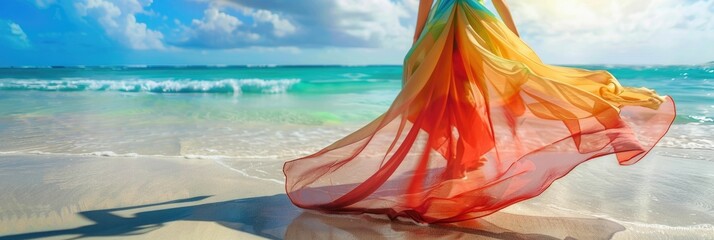 Colorful sarong billowing and fluttering in the gentle coastal breeze The vibrant fabric undulates with a graceful,ethereal movement,creating a sense of fluidity