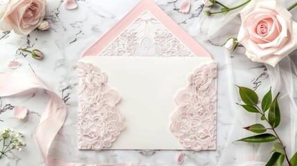 Beautiful blank mockup of a bridal shower invitation with a delicate lace pattern and blush pink accents.