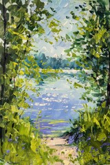 spring-summer oil painting shows a scorching natural scene, the rough texture of the canvas resembles the strokes of a palette knife