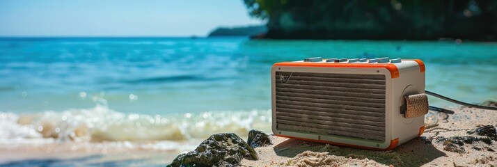 Portable speaker rests on a rocky beach,surrounded by the tranquil azure waters and lush,verdant...