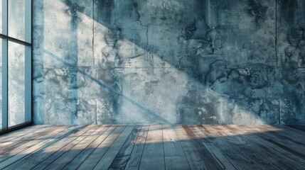 3d rendering of an empty room with wooden floors, in the style of blue and gray, brutalism, blue...
