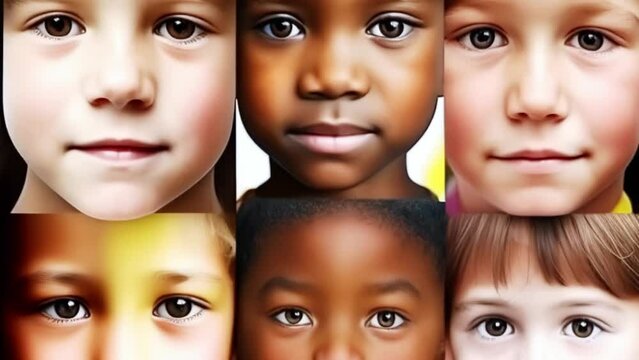 many diverse children of different nationality, boys and girls, portraits, faces collage collection, group mosaic montage, rainbow,  Generative AI