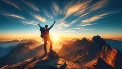 A hiker standing triumphantly on a mountain peak at sunrise, with a clear blue sky behind.