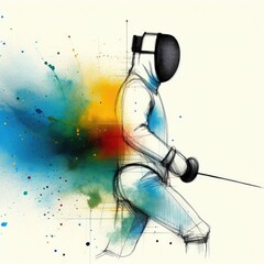 Fencer in watercolor paint illustration with Generative AI.