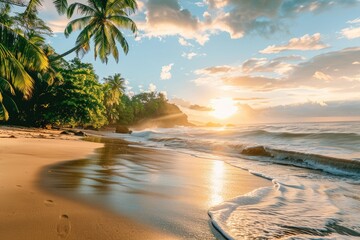 Tropical beach at sunrise. Palm trees and sea waves. Paradise island. AI Generated 