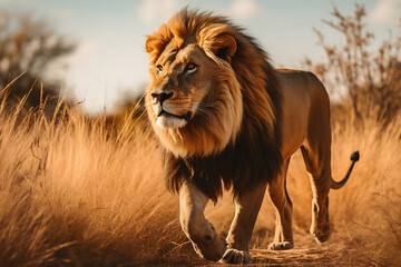 A regal lion strides confidently across the savanna, golden light casting a majestic glow on its mane
