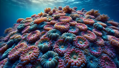 A medium shot of coral polyps on a reef, showcasing the minute details of their tiny, cooperative colony structure. - obrazy, fototapety, plakaty