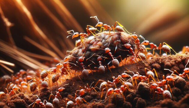 A close-up image showing a group of ants carrying a large food item back to their nest.