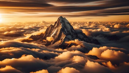 A majestic mountain peak piercing through a thick blanket of clouds during the golden hour of sunset.