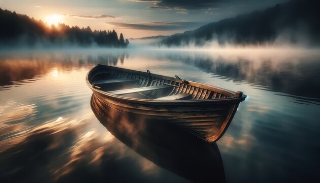 A serene image of a small wooden boat on a calm lake with mist hovering just above the water's surface at the break of dawn.