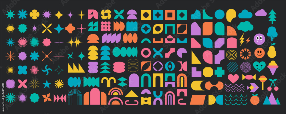 Wall mural modern brutalist flat symbol art set, vintage trendy memphis silhouette shape illustration, abstract