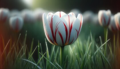 A medium shot of a white tulip with a red stripe pattern, standing out in a field of green.