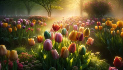 A medium shot of a cluster of mixed-color tulips bending slightly in a gentle spring breeze. - obrazy, fototapety, plakaty